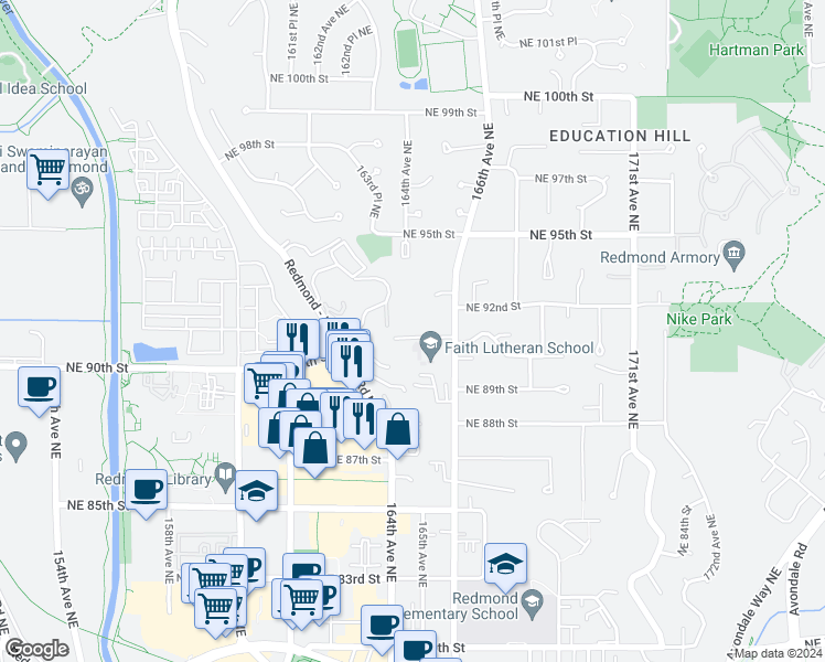 map of restaurants, bars, coffee shops, grocery stores, and more near 16426 Northeast 91st Street in Redmond