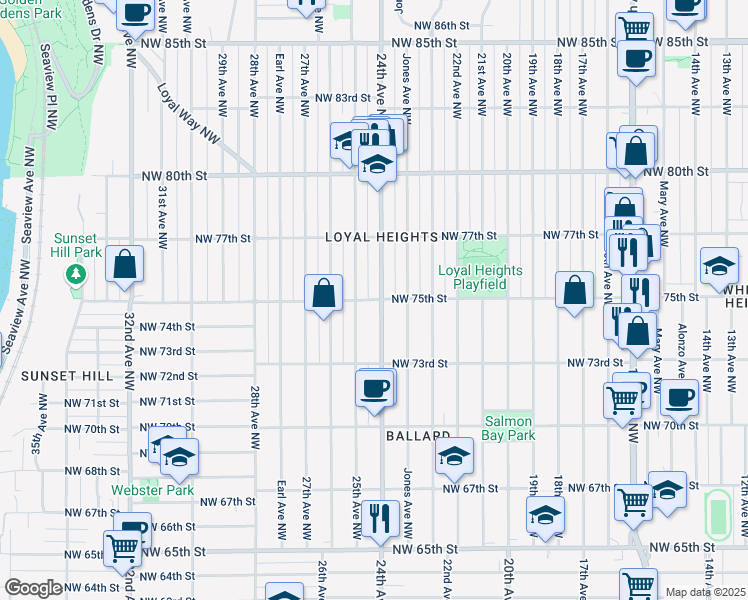 map of restaurants, bars, coffee shops, grocery stores, and more near 2407 Northwest 75th Street in Seattle