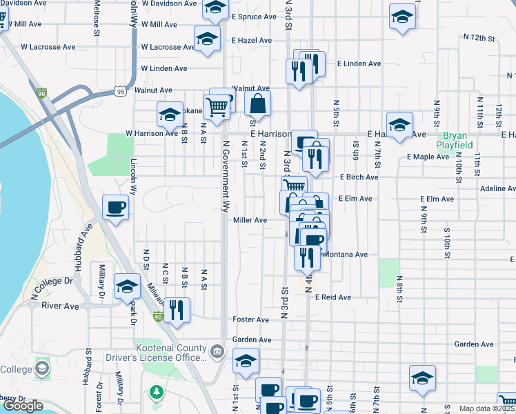 map of restaurants, bars, coffee shops, grocery stores, and more near 1021 North 2nd Street in Coeur d'Alene
