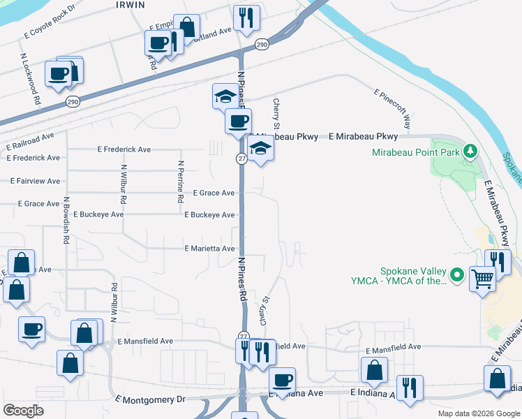 map of restaurants, bars, coffee shops, grocery stores, and more near 2820 Cherry Street in Spokane Valley