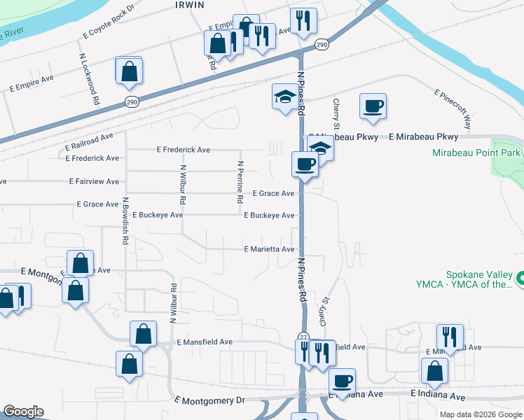 map of restaurants, bars, coffee shops, grocery stores, and more near 12116 East Grace Avenue in Spokane Valley
