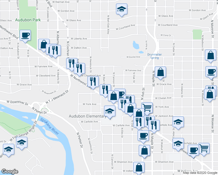 map of restaurants, bars, coffee shops, grocery stores, and more near 2076 West Grace Avenue in Spokane