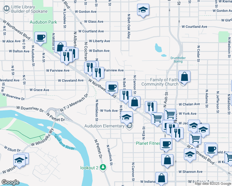map of restaurants, bars, coffee shops, grocery stores, and more near 2127 West Grace Avenue in Spokane