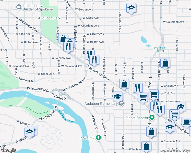 map of restaurants, bars, coffee shops, grocery stores, and more near 2215 West Northwest Boulevard in Spokane