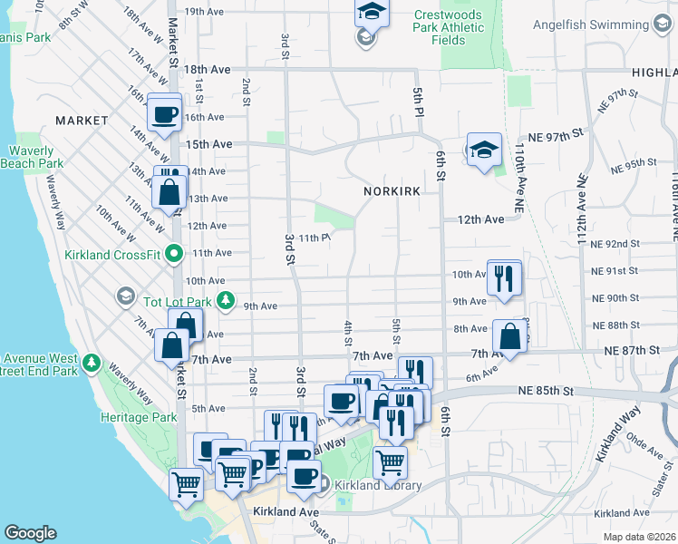 map of restaurants, bars, coffee shops, grocery stores, and more near 342 10th Avenue in Kirkland
