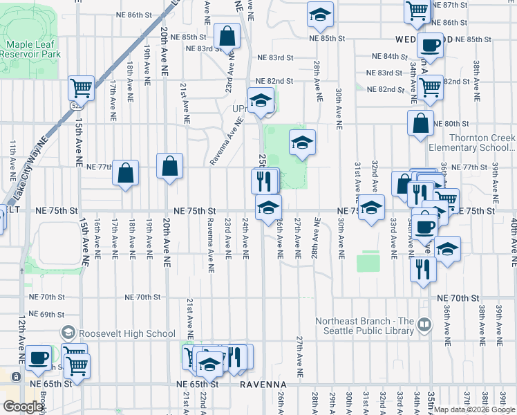 map of restaurants, bars, coffee shops, grocery stores, and more near 7513 25th Avenue Northeast in Seattle