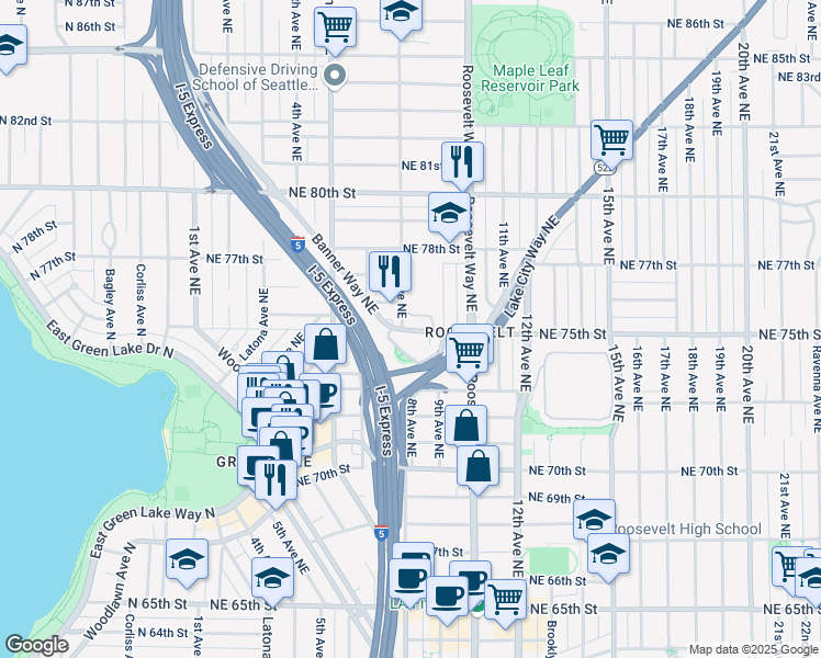 map of restaurants, bars, coffee shops, grocery stores, and more near 621 Northeast 76th Street in Seattle