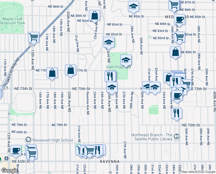 map of restaurants, bars, coffee shops, grocery stores, and more near 7513 25th Avenue Northeast in Seattle