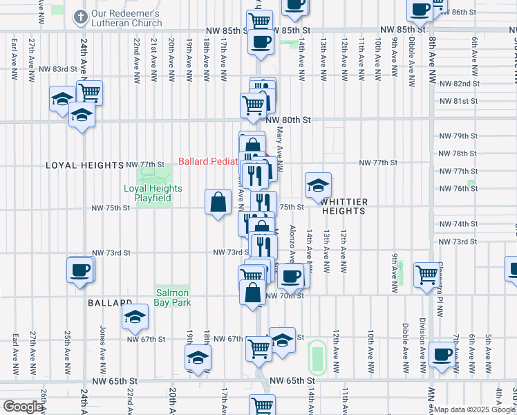 map of restaurants, bars, coffee shops, grocery stores, and more near 15th Ave NW & NW 75th St in Seattle