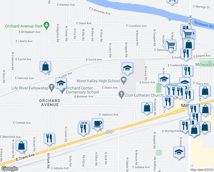 map of restaurants, bars, coffee shops, grocery stores, and more near 8113 East Grace Avenue in Spokane Valley