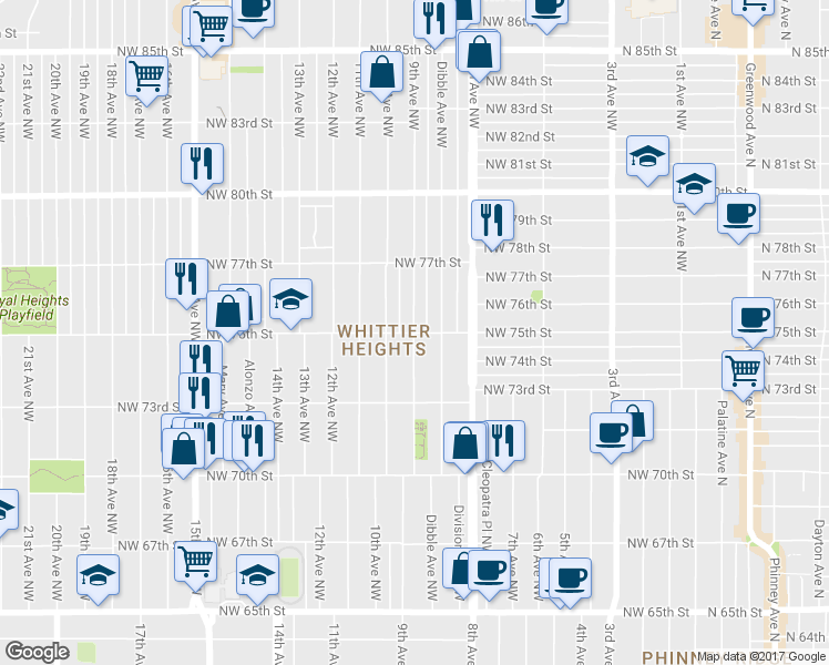 map of restaurants, bars, coffee shops, grocery stores, and more near 9th Ave NW & NW 75th St in Seattle
