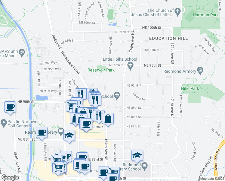 map of restaurants, bars, coffee shops, grocery stores, and more near 16424 Northeast 91st Street in Redmond