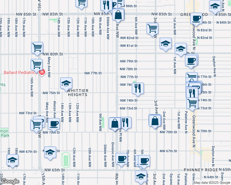 map of restaurants, bars, coffee shops, grocery stores, and more near 818 NW 75th St in Seattle