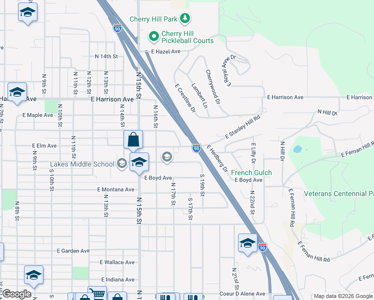 map of restaurants, bars, coffee shops, grocery stores, and more near 1727 East Stanley Hill Road in Coeur d'Alene