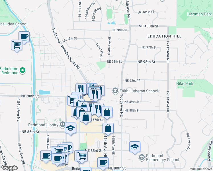 map of restaurants, bars, coffee shops, grocery stores, and more near 16418 Northeast 91st Street in Redmond