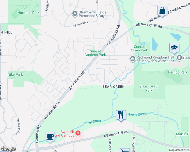 map of restaurants, bars, coffee shops, grocery stores, and more near 18319 Northeast 92nd Court in Redmond