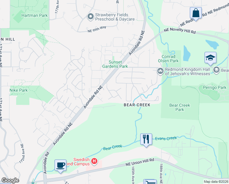 map of restaurants, bars, coffee shops, grocery stores, and more near 9103 183rd Avenue Northeast in Redmond