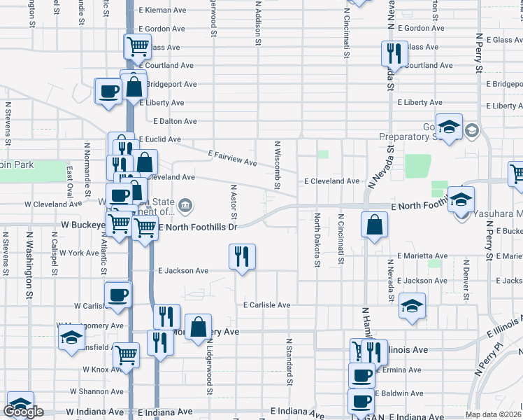 map of restaurants, bars, coffee shops, grocery stores, and more near 519 North Foothills Drive East in Spokane