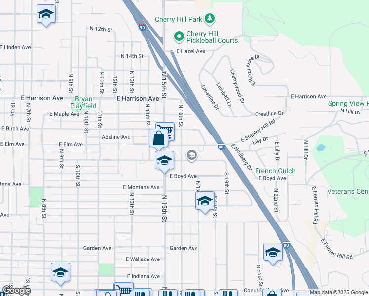 map of restaurants, bars, coffee shops, grocery stores, and more near 1030 North 16th Street in Coeur d'Alene