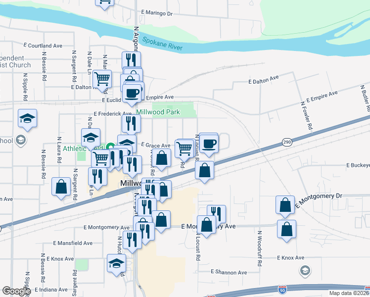 map of restaurants, bars, coffee shops, grocery stores, and more near 9314 East Grace Avenue in Spokane