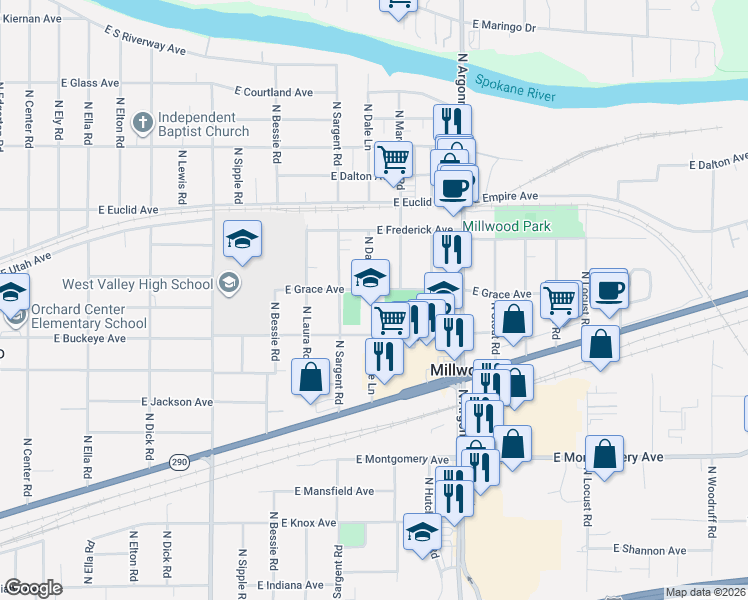 map of restaurants, bars, coffee shops, grocery stores, and more near 8803 East Grace Avenue in Millwood