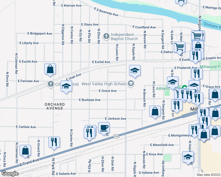 map of restaurants, bars, coffee shops, grocery stores, and more near 2906 North Dick Road in Spokane Valley