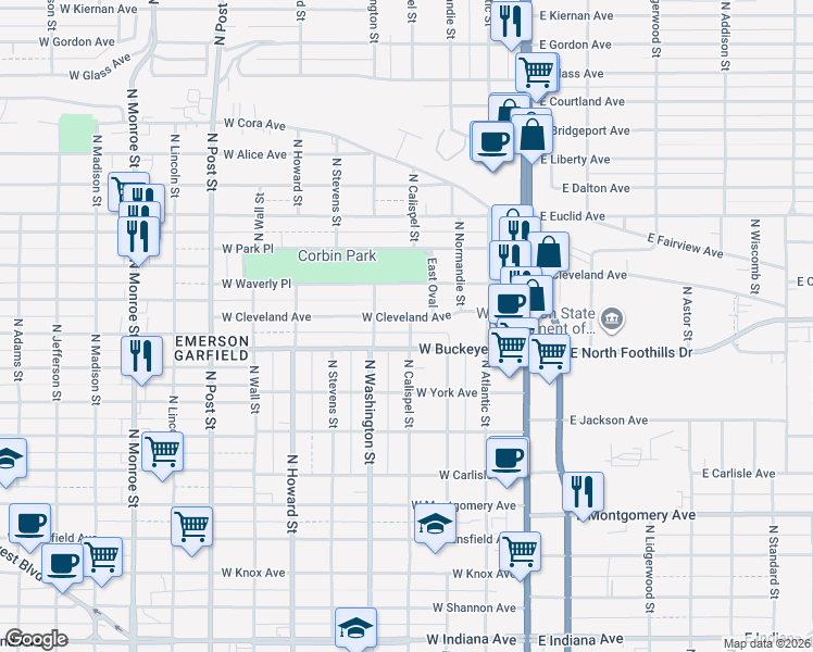 map of restaurants, bars, coffee shops, grocery stores, and more near 239 West Cleveland Avenue in Spokane
