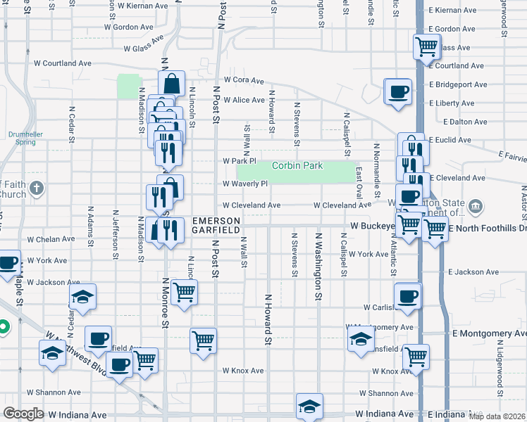 map of restaurants, bars, coffee shops, grocery stores, and more near 529 West Cleveland Avenue in Spokane