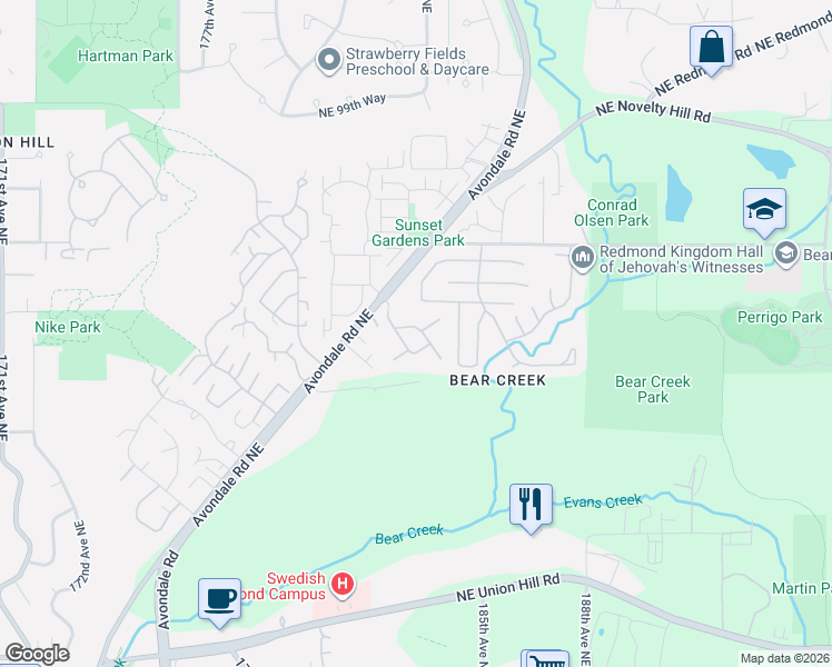 map of restaurants, bars, coffee shops, grocery stores, and more near 18319 Northeast 92nd Court in Redmond