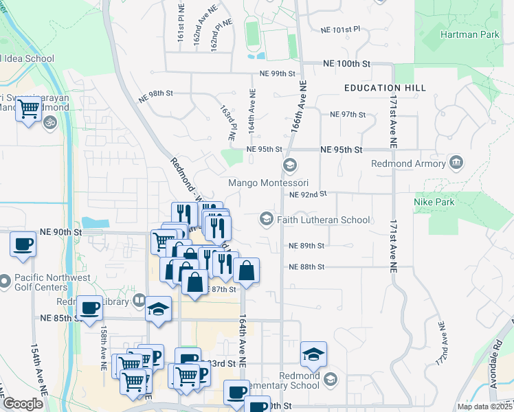 map of restaurants, bars, coffee shops, grocery stores, and more near 16426 Northeast 91st Street in Redmond