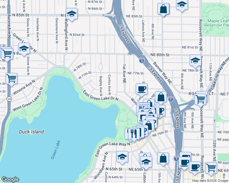 map of restaurants, bars, coffee shops, grocery stores, and more near 7509 Sunnyside Avenue North in Seattle