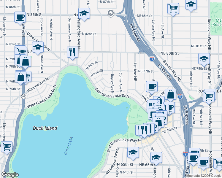 map of restaurants, bars, coffee shops, grocery stores, and more near 7418 Meridian Avenue North in Seattle
