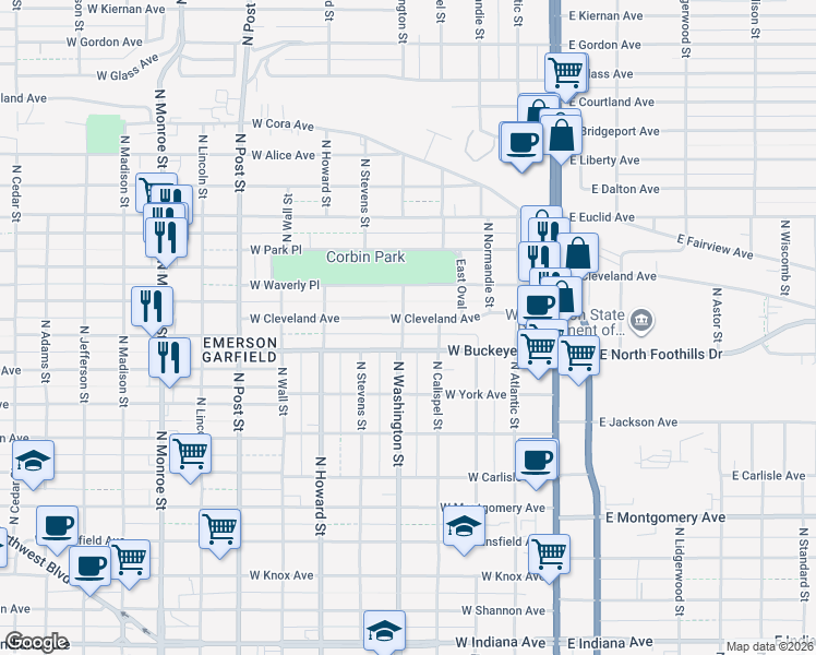 map of restaurants, bars, coffee shops, grocery stores, and more near 327 West Cleveland Avenue in Spokane