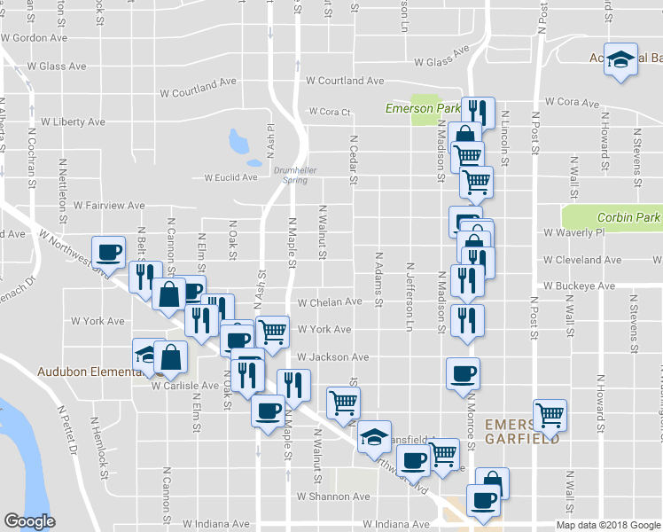 map of restaurants, bars, coffee shops, grocery stores, and more near 1423 West Grace Avenue in Spokane