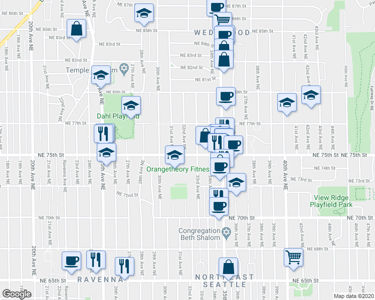map of restaurants, bars, coffee shops, grocery stores, and more near 3202 Northeast 75th Street in Seattle