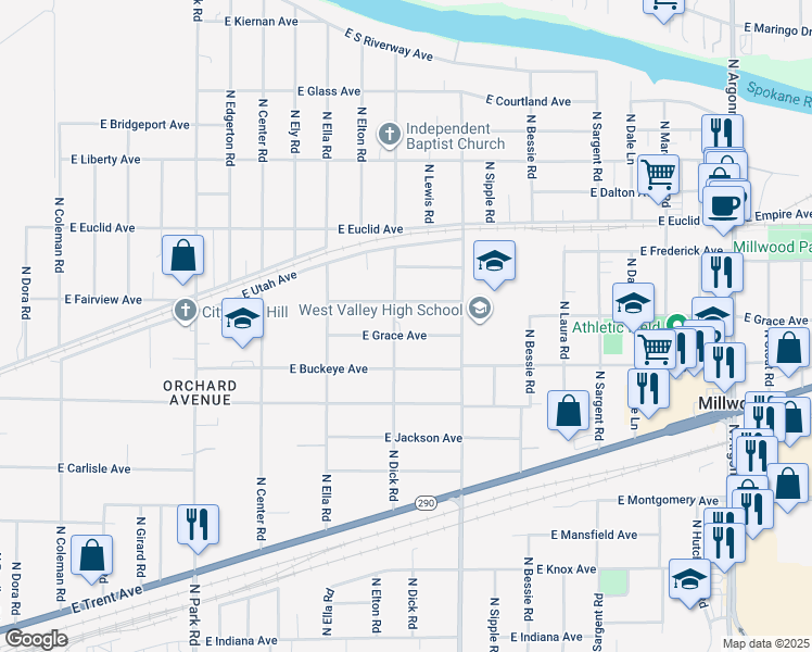 map of restaurants, bars, coffee shops, grocery stores, and more near 2906 North Dick Road in Spokane Valley