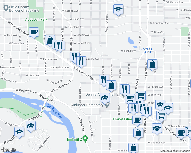 map of restaurants, bars, coffee shops, grocery stores, and more near 2127 West Grace Avenue in Spokane