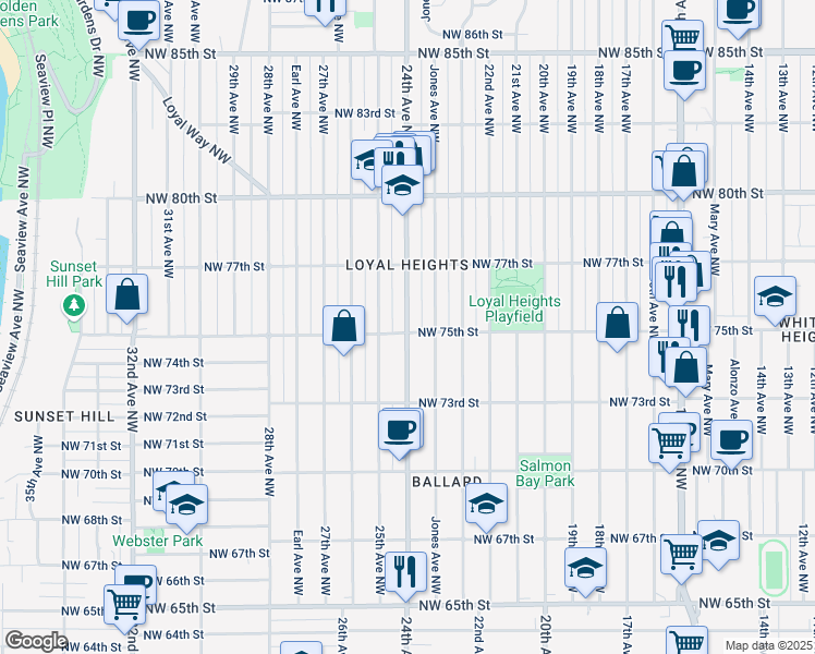 map of restaurants, bars, coffee shops, grocery stores, and more near 7505 24th Ave NW in Seattle