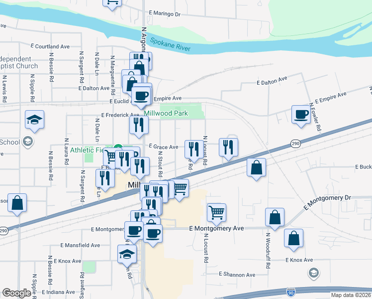 map of restaurants, bars, coffee shops, grocery stores, and more near 9314 East Grace Avenue in Spokane