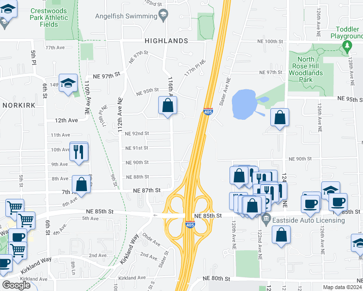 map of restaurants, bars, coffee shops, grocery stores, and more near 9032 116th Avenue Northeast in Kirkland