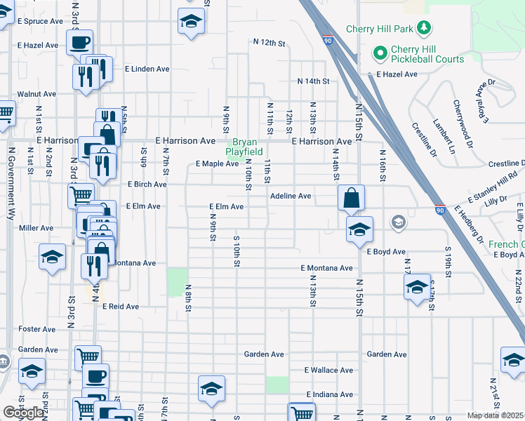 map of restaurants, bars, coffee shops, grocery stores, and more near 1009 North 11th Street in Coeur d'Alene