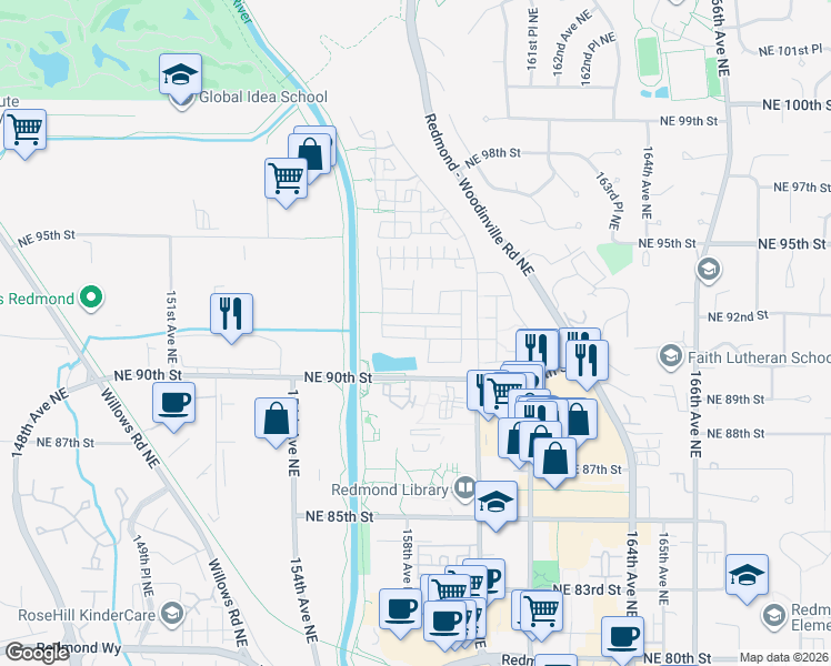 map of restaurants, bars, coffee shops, grocery stores, and more near 15628 Northeast 91st Way in Redmond