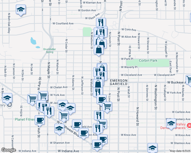 map of restaurants, bars, coffee shops, grocery stores, and more near 1018 West Grace Avenue in Spokane