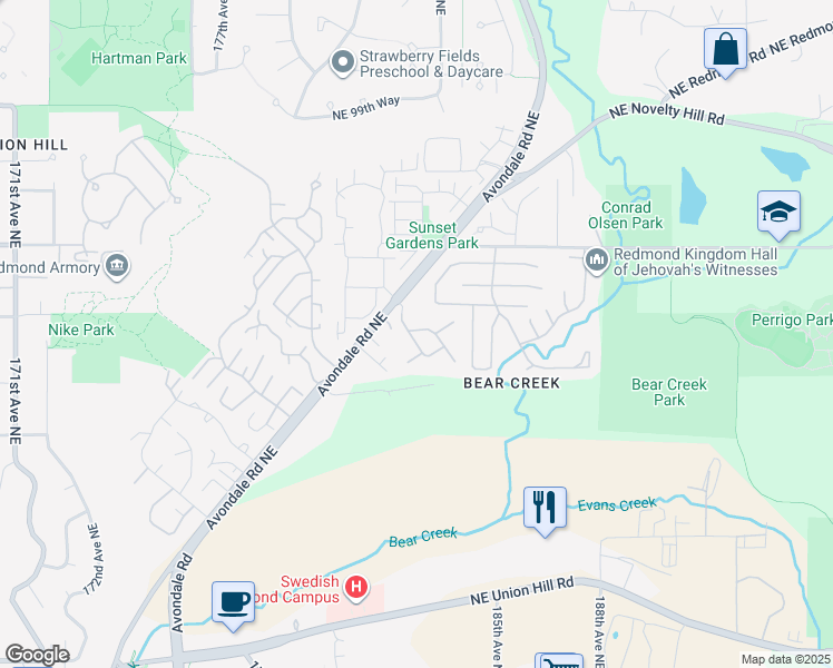 map of restaurants, bars, coffee shops, grocery stores, and more near 9114 182nd Avenue Northeast in Redmond