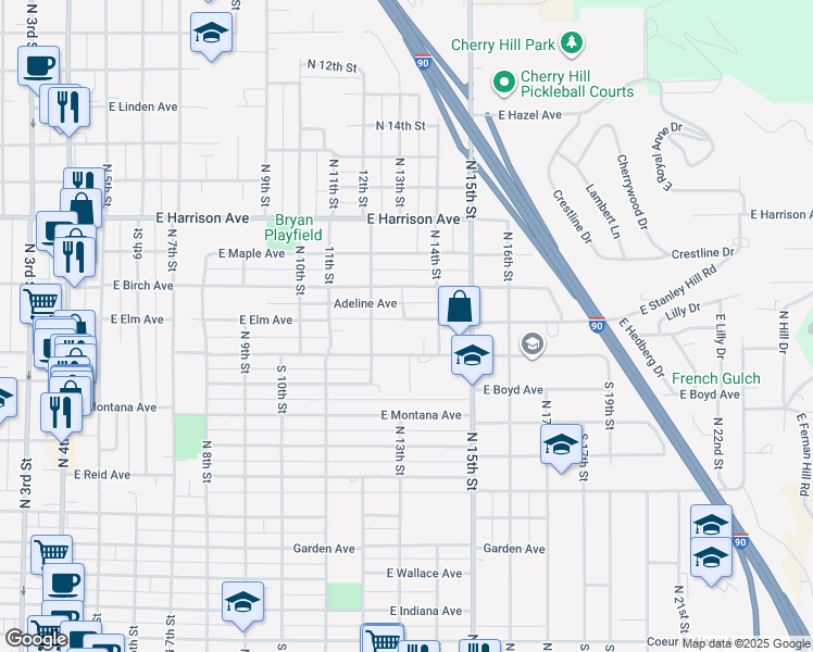 map of restaurants, bars, coffee shops, grocery stores, and more near 1302 Adeline Avenue in Coeur d'Alene