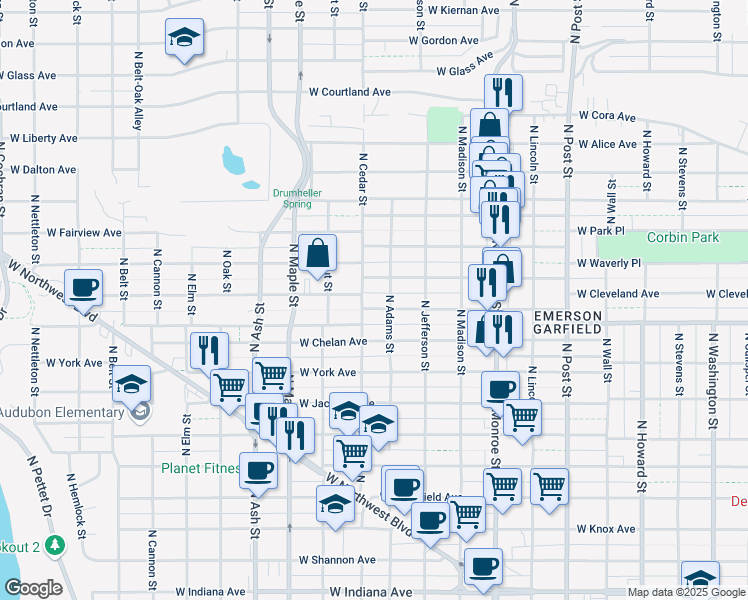 map of restaurants, bars, coffee shops, grocery stores, and more near 1316 West Grace Avenue in Spokane