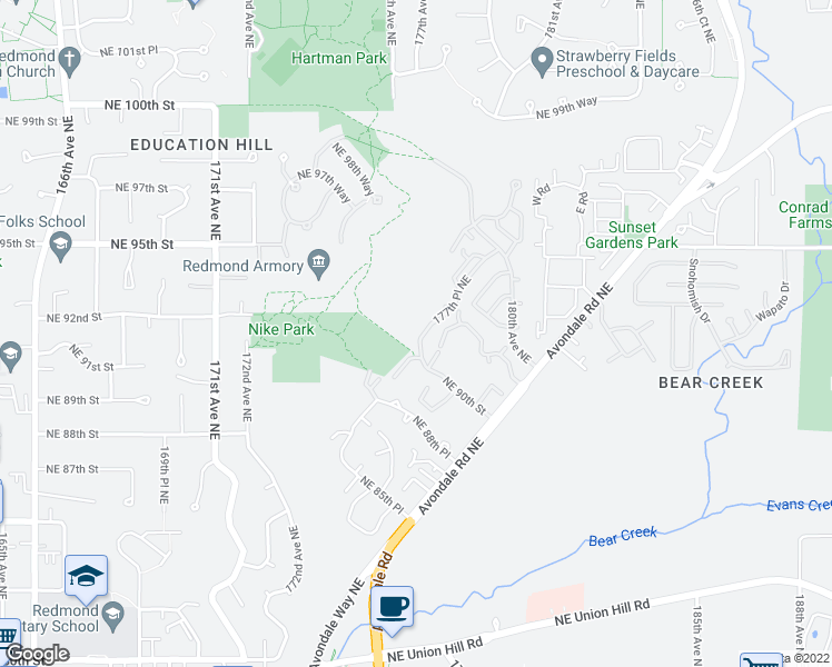 map of restaurants, bars, coffee shops, grocery stores, and more near 9105 177th Place Northeast in Redmond