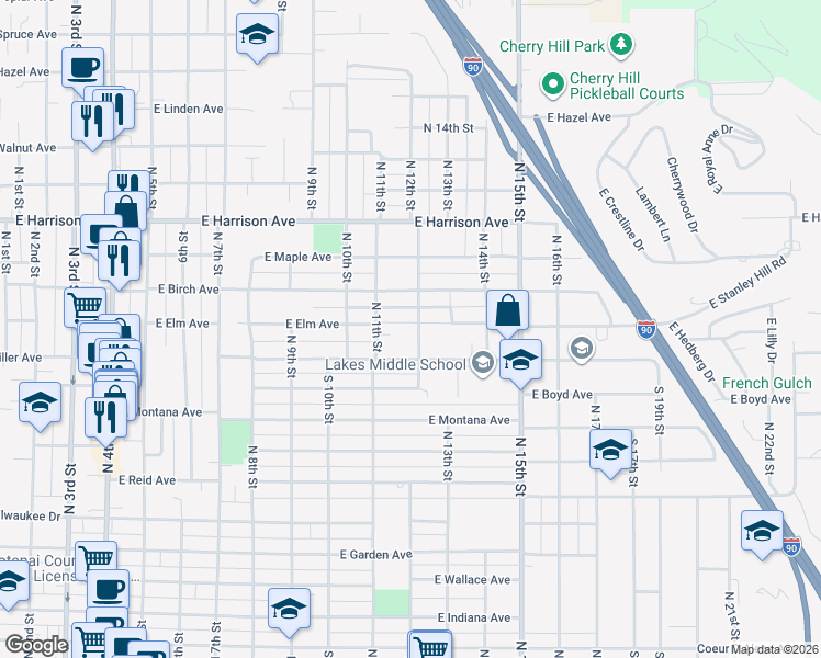 map of restaurants, bars, coffee shops, grocery stores, and more near 1023 North 12th Street in Coeur d'Alene