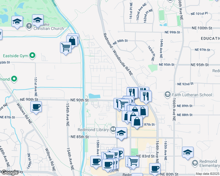 map of restaurants, bars, coffee shops, grocery stores, and more near 15846 Northeast 91st Way in Redmond