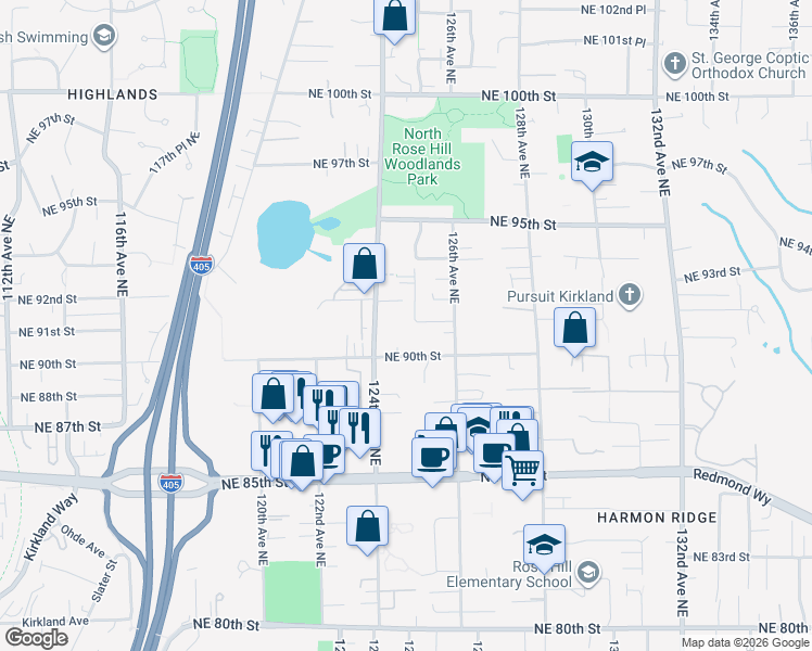 map of restaurants, bars, coffee shops, grocery stores, and more near 9031 125th Avenue Northeast in Kirkland